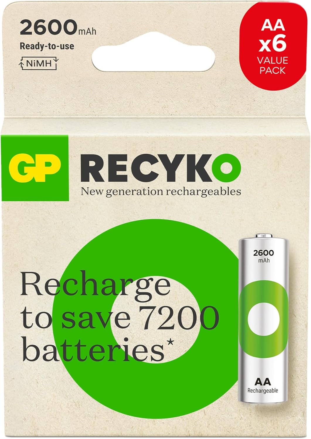 Alternative view of GP Batteries ReCyko 2600mAh AA Kalem Ni-Mh Şarjlı Pil, 1.2 Volt, 6'lı Kart