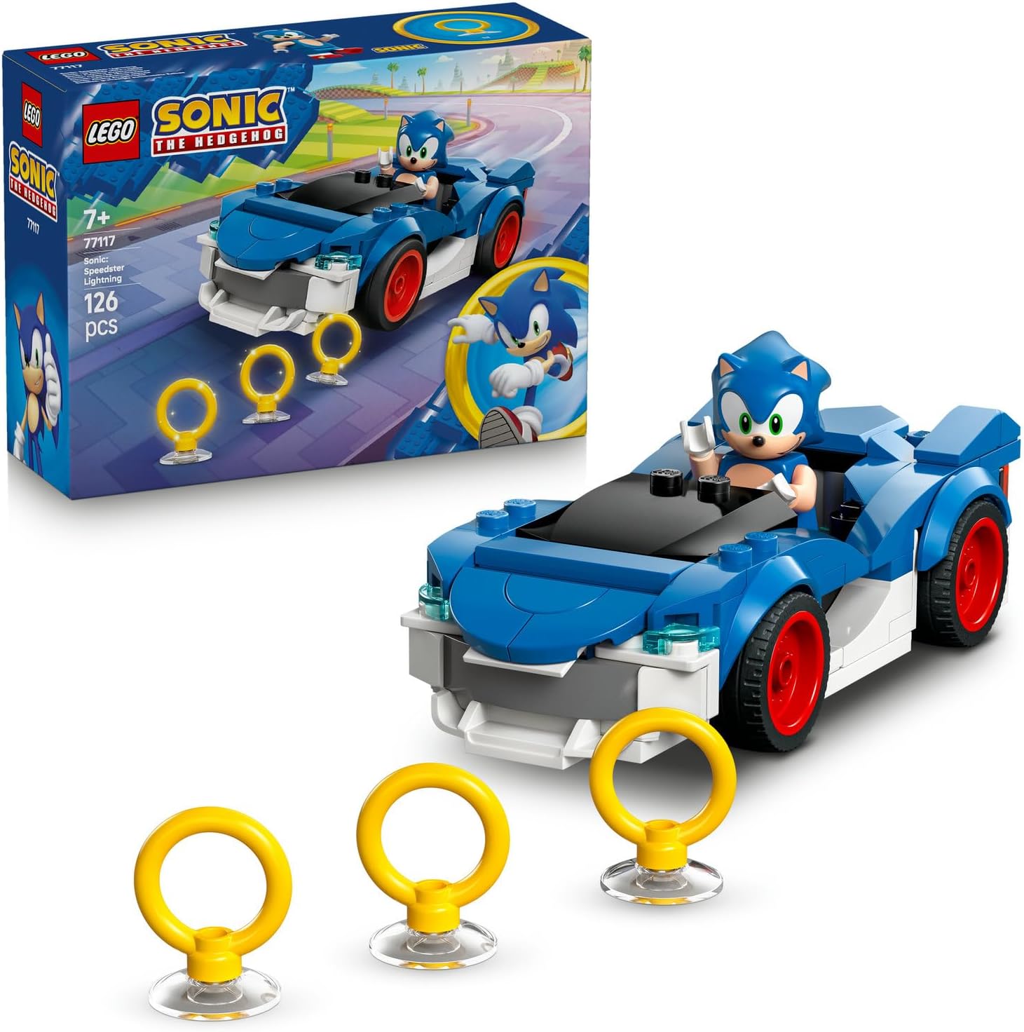 the Hedgehog : Şimşek Araba 77117 – 7 Yaş ve Üzeri Çocuklar için Yaramaz Yüz Baskılı  Minifigürü ve 3 Altın Yüzük İçeren Yaratıcı Oyuncak Yapım Seti, Hediye Fikri (126 Parça)