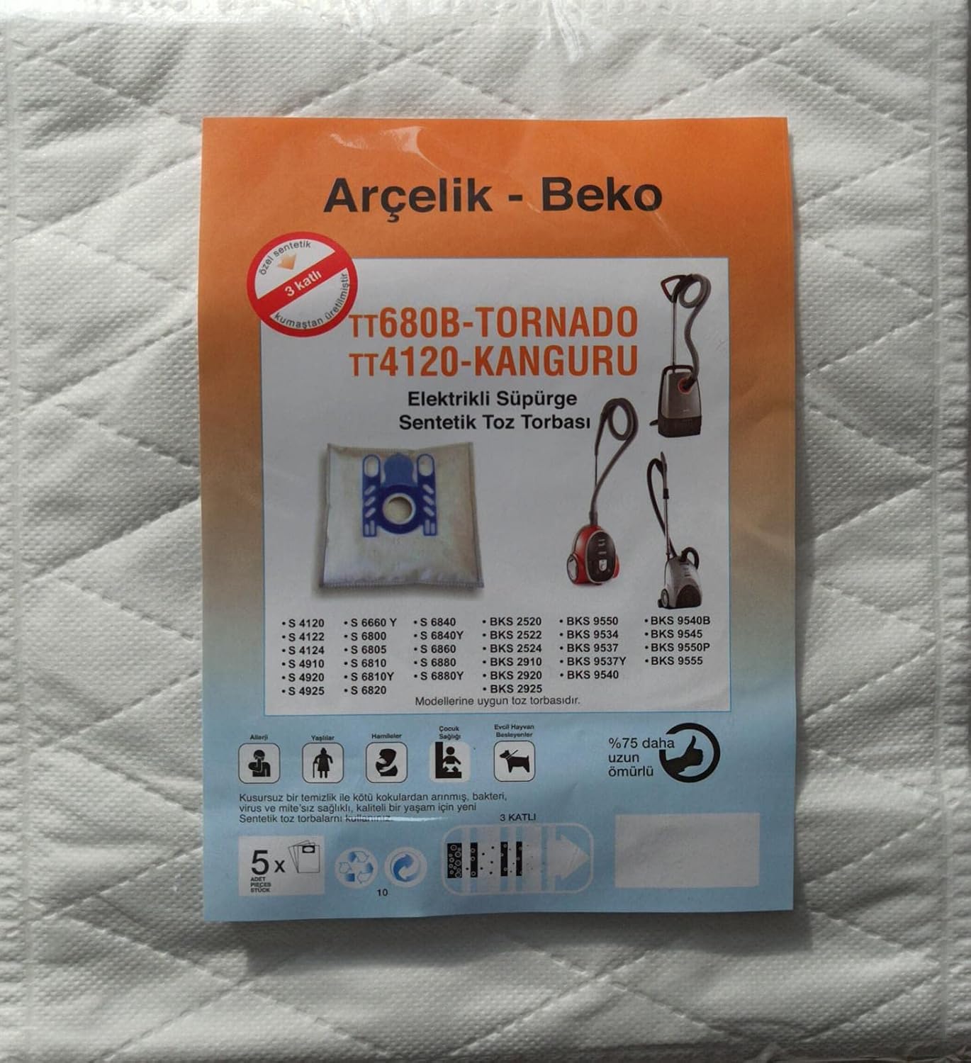 Arçelik - Beko İle Uyumlu TT680B - TORNADO - TT4120 - KANGURU ELEKTRİKLİ SÜPÜRGE SENTETİK TOZ TORBASI (5 ADET) - Görsel 2