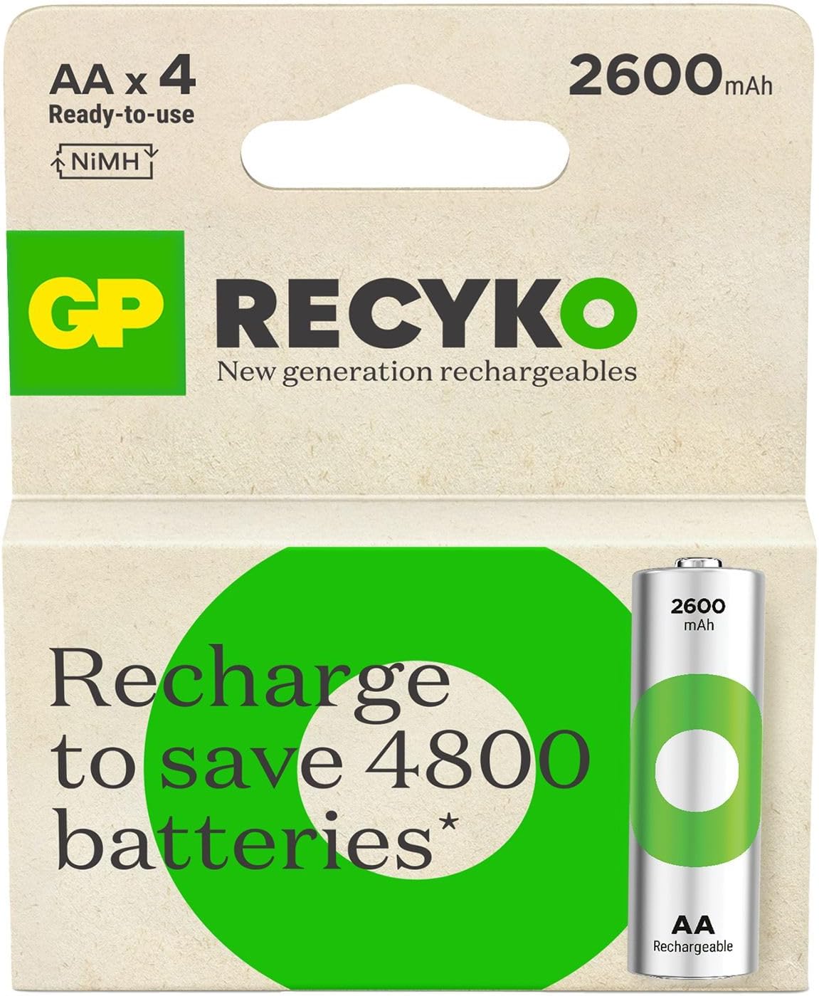 GP Batteries ReCyko 2600 AA Kalem Ni-MH Şarjlı Pil, 1.2 Volt, 4'lü Kart