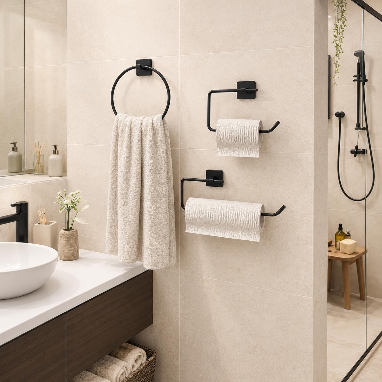 Alternative view of 3’lü Siyah Banyo Seti, Yapışkanlı ve Vidalı Montajlı Havluluk, Tuvalet Kağıtlığı, Yuvarlak Havluluk ve Kağıt Havluluk Seti