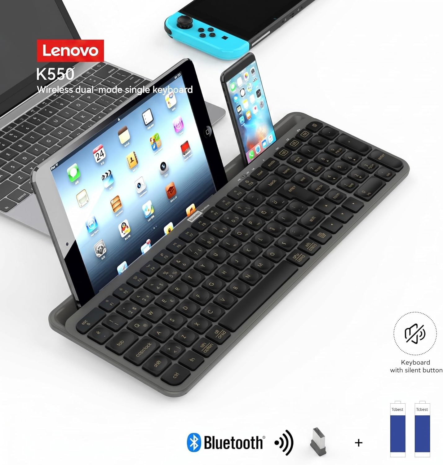 K550 Dual-Mode Kablosuz Klavye - Bluetooth + 2.4GHz, Entegre Tablet ve Telefon Standlı, Sessiz Tuşlar, Q Türkçe, Siyah