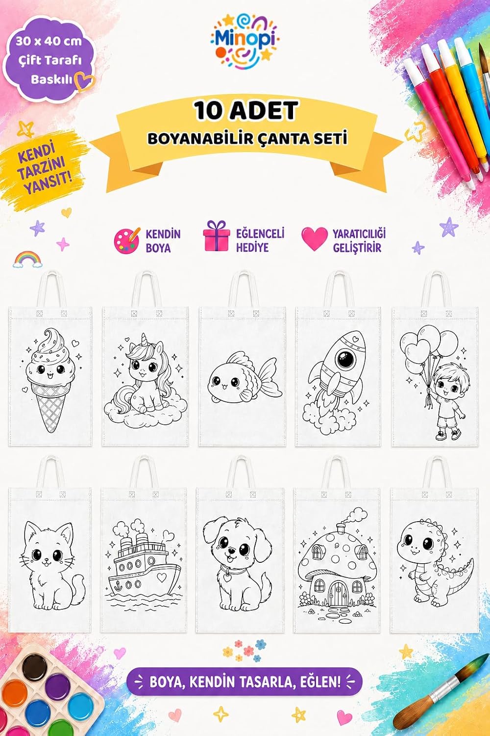 10'lu Boyanabilir Bez Çanta Seti 30x40 Cm Çift Taraflı Baskılı Çocuk Aktivite Çantası - Görsel 3