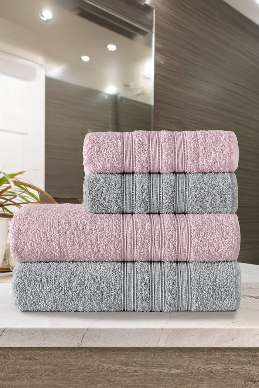 Riona Pamuklu 50x90-70x140 cm 4'lü Banyo Havlu Seti (Pembe)