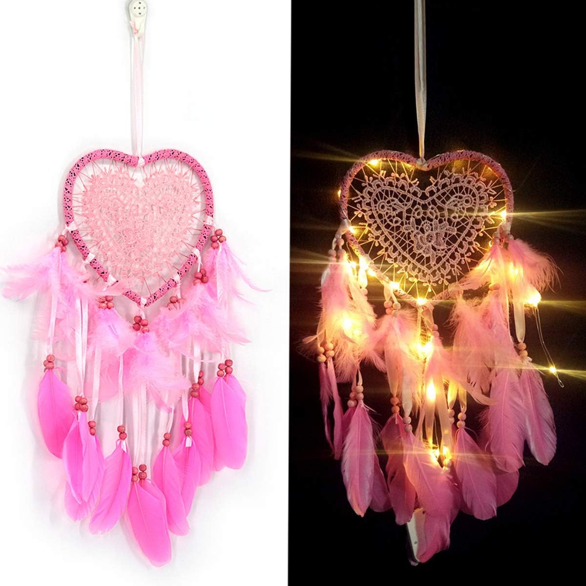 Winmany LED Peri Işıkları ile Tüy Düşen Kapıcı Duvar Asma Süsler Noel Dekoru Pencere Tavan Dekoru Yatak Odası Bahçe Düğün Dekorasyonları Bohem Şık Parti Kreş Dekoru (Pembe) - Görsel 3