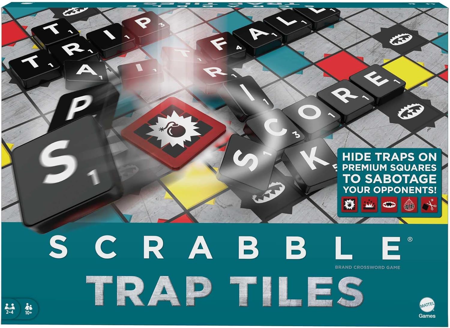 Scrabble Trap Tiles aile boyu kutu oyunu, genç yetişkinler veya ailelerin oyun gecesi için hediye, 10 yaş ve üzeri HMD14