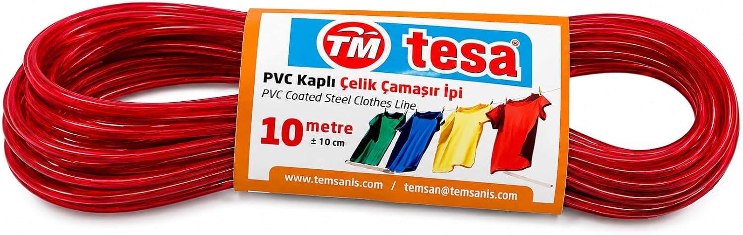 Tesa PVC Kaplı Çelik Çamaşır İpi 10 Metre – Dayanıklı Paslanmaz Çelik İç Telli Çamaşır Asma İpi | Güçlü Taşıma Kapasiteli Kırmızı Çamaşır İpi
