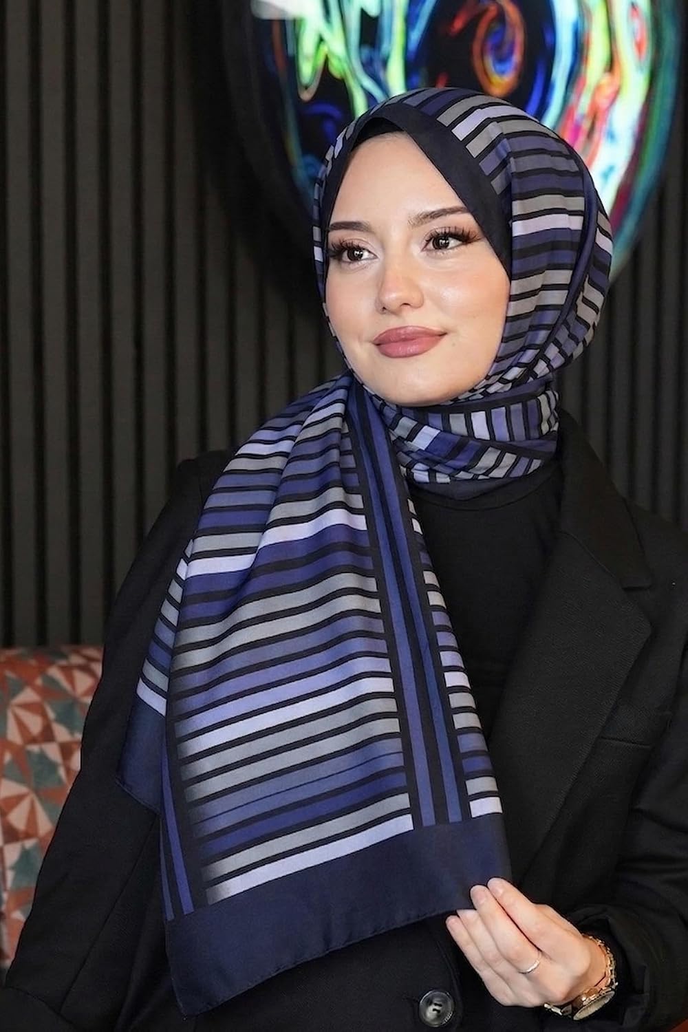 Alternative view of Çizgili Desen Mor Soft Pamuk Şal Çok Renkli 47
