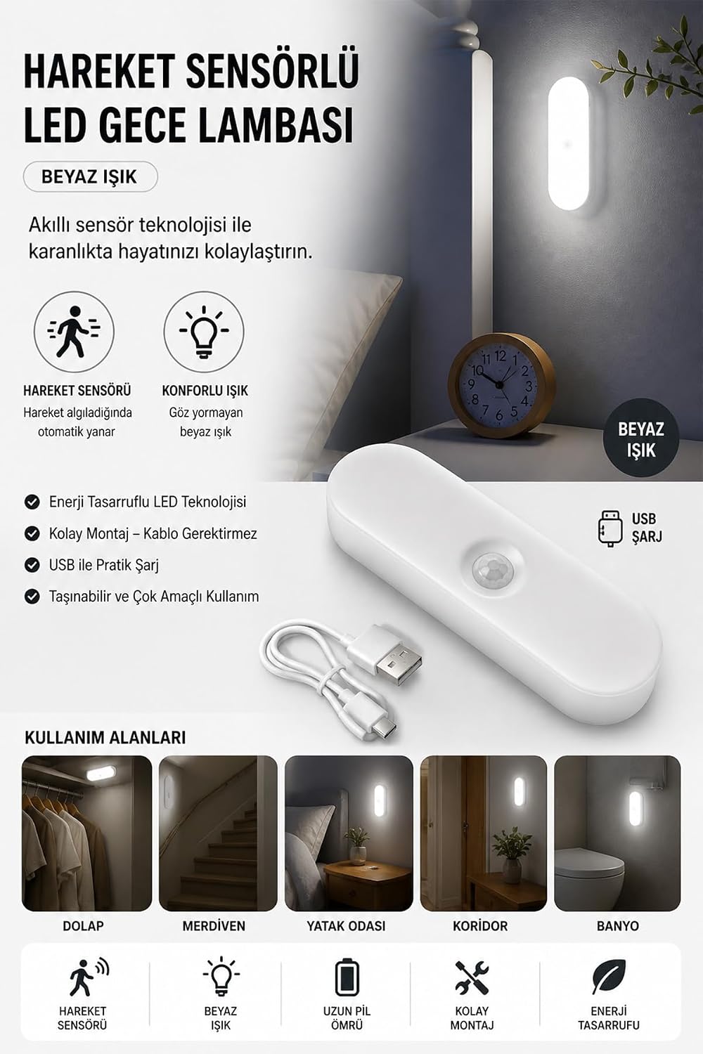 Alternative view of Neo Vista USB Şarjlı LED Işık, Hareket Sensörlü, Beyaz Işık, Oda, Mutfak, Salon ve Merdiven için Taşınabilir Lamba