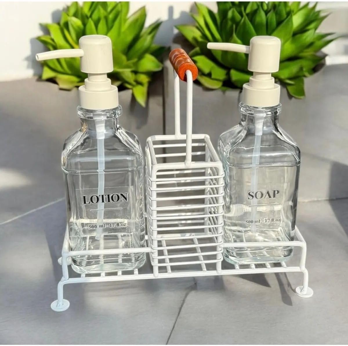 Krem 2’li Metal Standlı Cam Sıvı Sabun ve Sabunluk 500 Ml krem