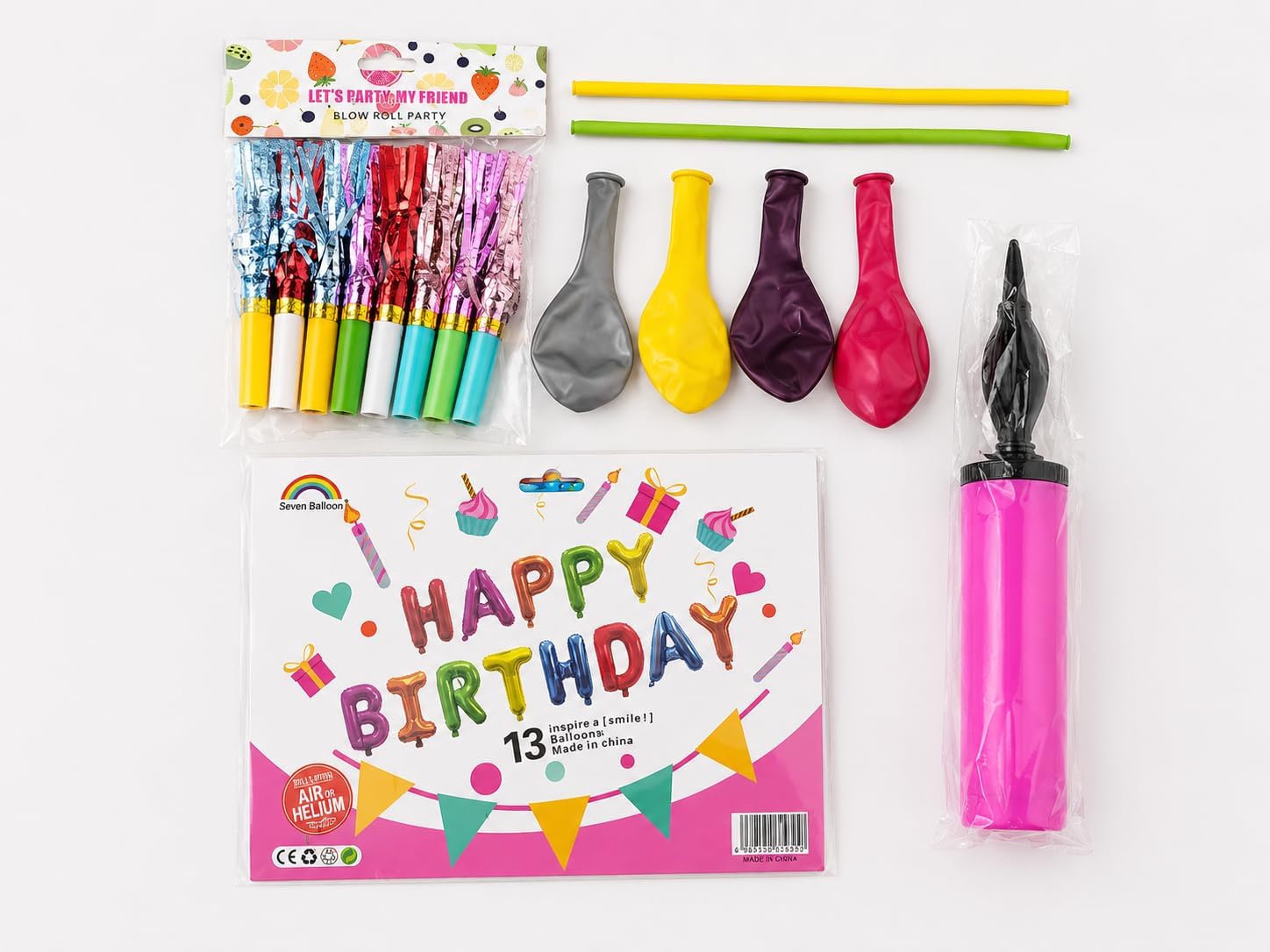 Alternative view of DORDOİ 28 Parça HAPPY BİRTHDAY Parti Seti – Renkli Folyo Harf Balon, Balon Şişirme Pompası, Kaynana Dili ve Balonlu Doğum Günü Süsleme Seti