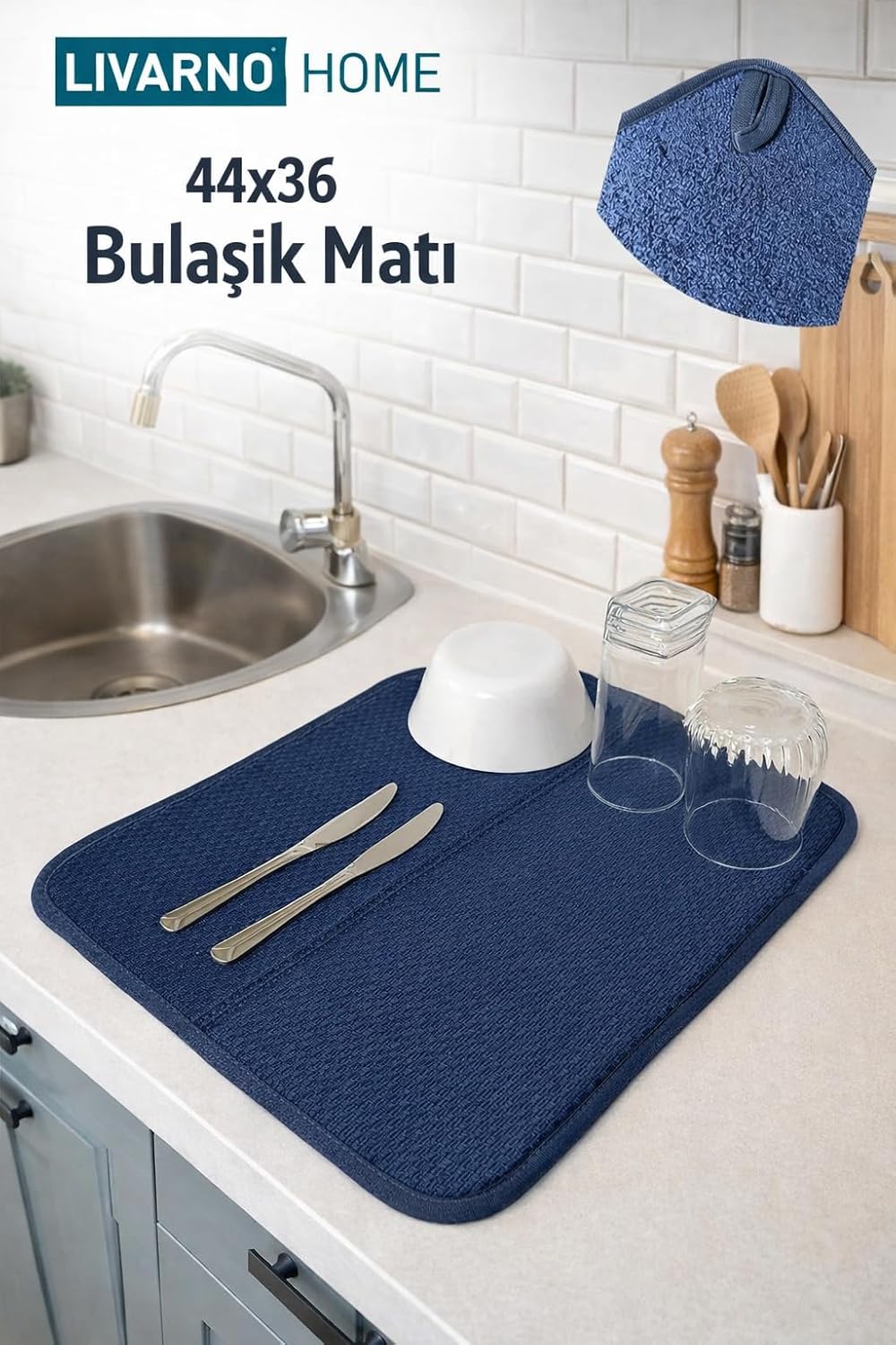 AKSU Livarno Mikrofiber Bulaşık Altlığı Kurutma Matı Katlanabilir Çift Yüzey Germany 44X36 Cm. Lacivert