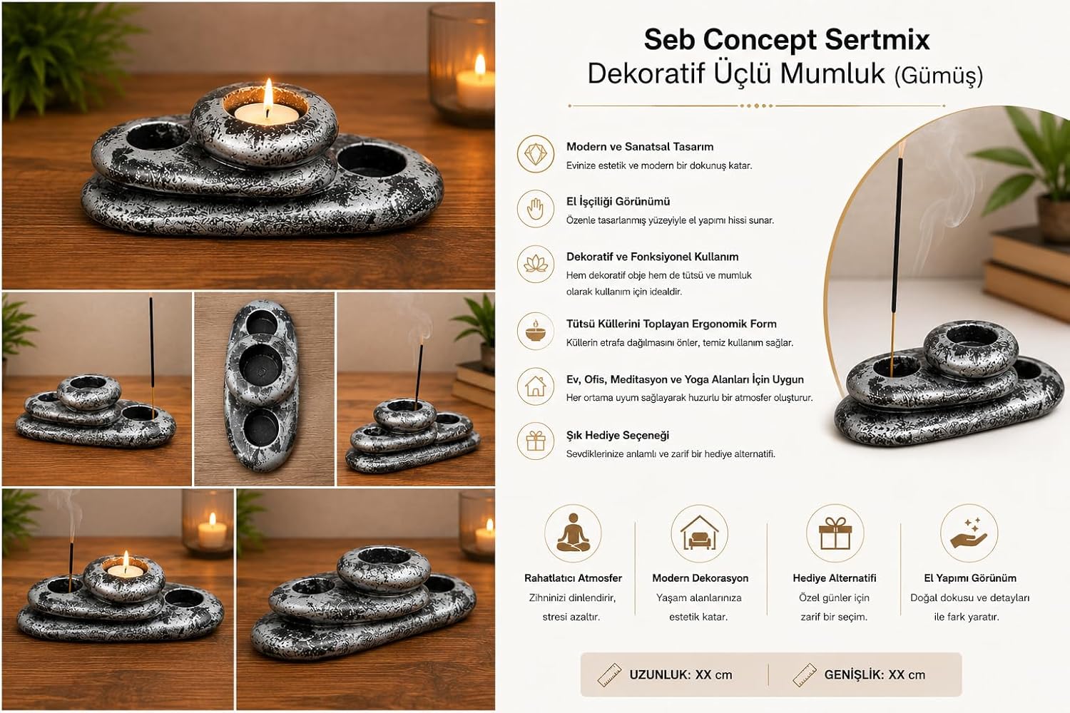 Seb Concept Sertmix Dekoratif Üçlü Mumluk (Gümüş) - Görsel 2