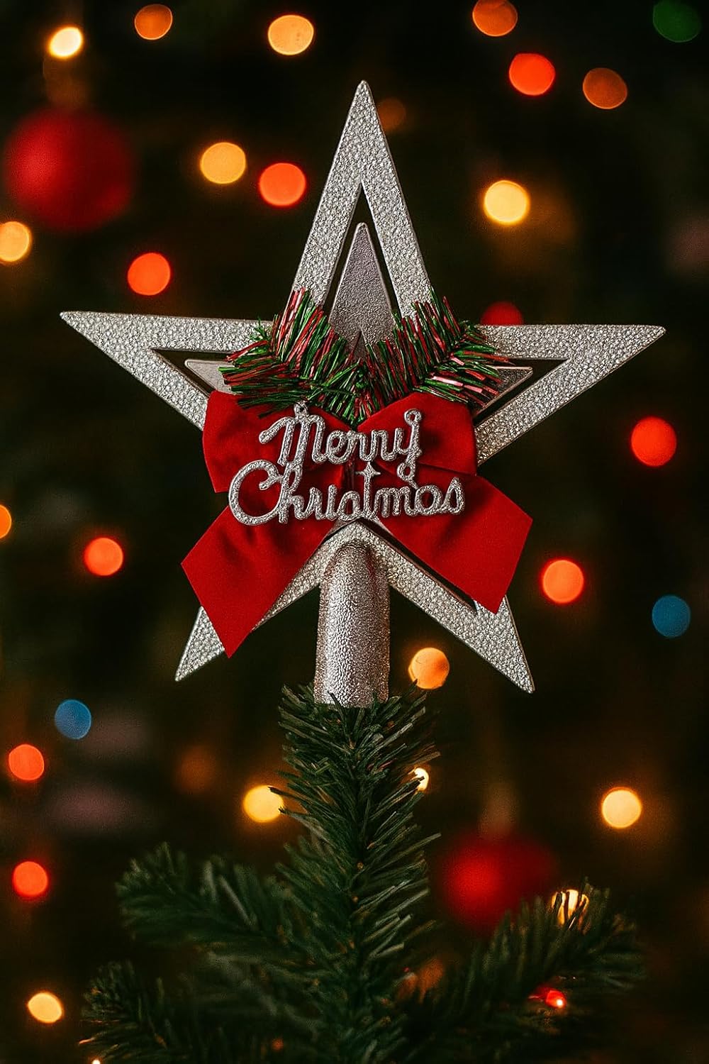 Yılbaşı Ağacı Yıldızı Gold Kurdelalı Merry Christmas Yazılı Yılbaşı Süsü Gümüş