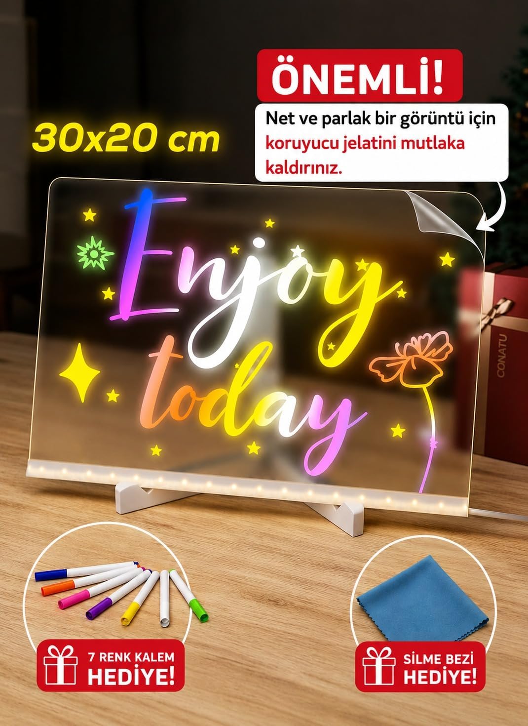 Alternative view of Shopexxtra LED Işıklı Şeffaf Çizim Tableti ve Yazı Tahtası - 30x20 cm, Ayarlanabilir Standlı Akrilik Not Panosu, USB Güçlü Eğitici Çocuk Boyama Seti, 7 Renkli Kalem ve Temizleme Bezi Hediyeli