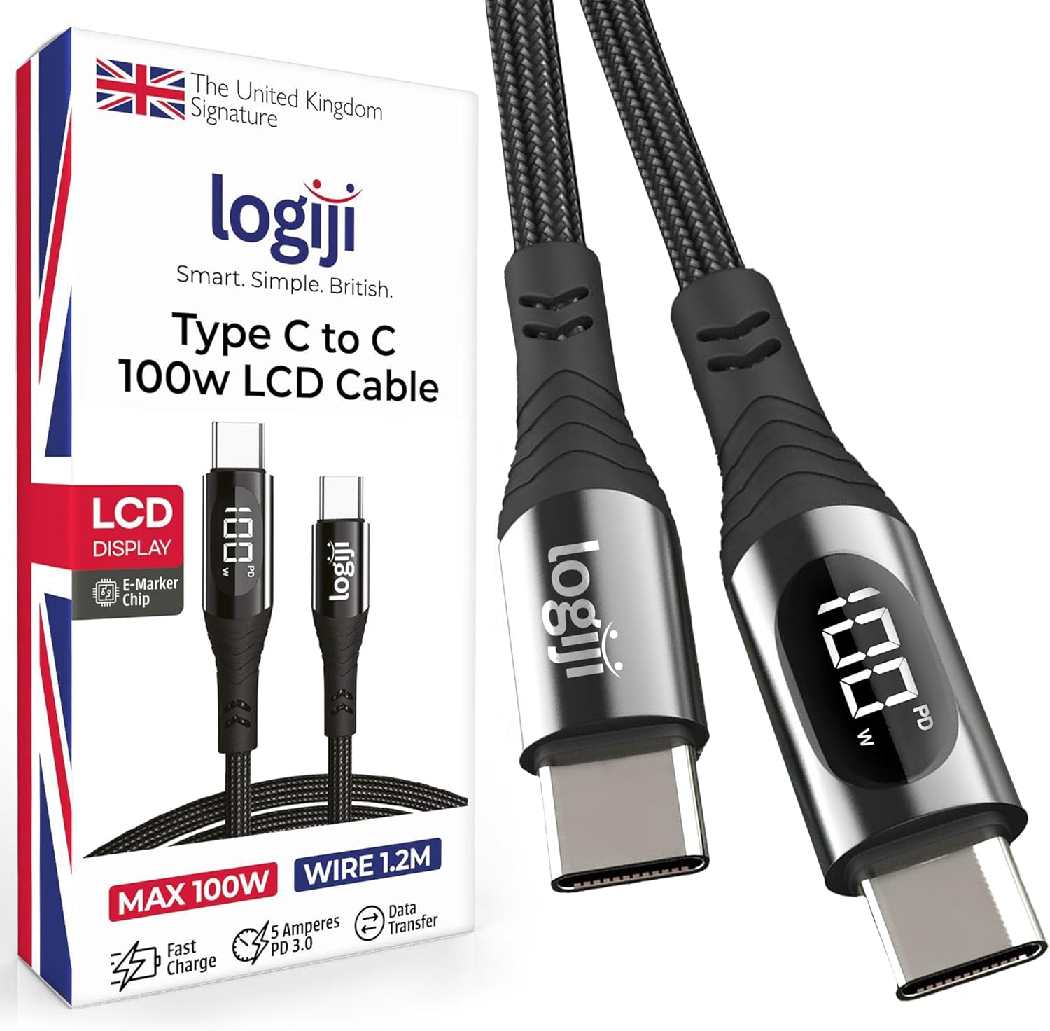 100W Type-C to Type-C Dijital LED Ekranlı Göstergeli Hızlı Şarj Kablosu E-Mark Çipli, Dayanıklı Örgülü, 1.2m, USB-C PD 3.0, iPhone 15 16,17 Xiaomi Telefon, Macbook Tablet ile Uyumlu