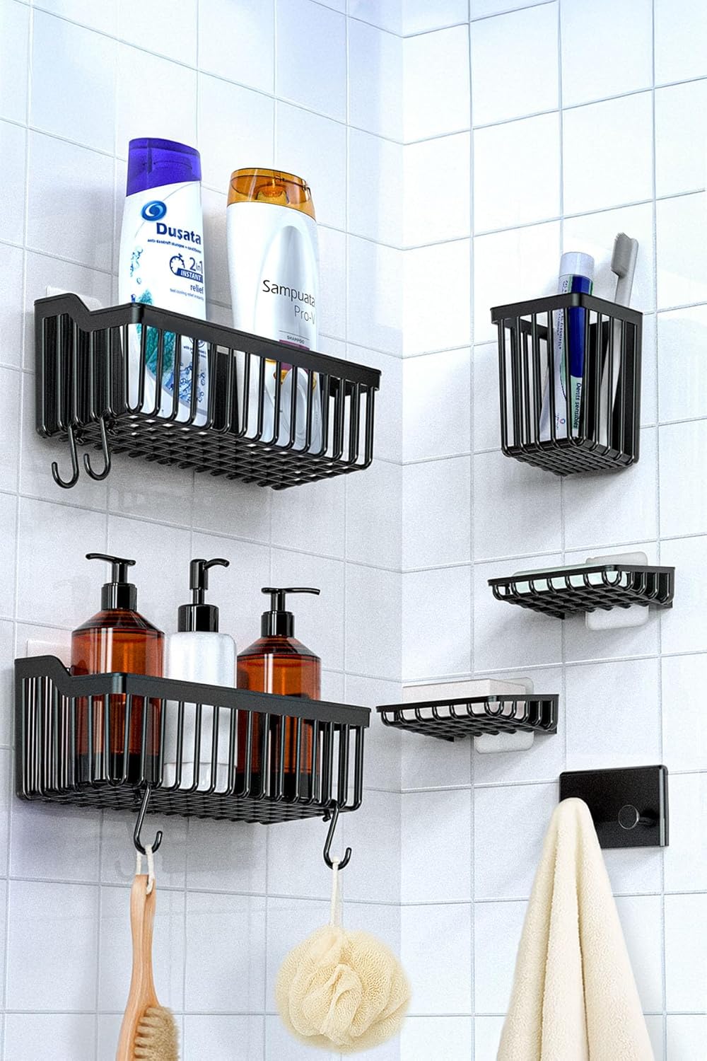 Alternative view of Banyor 6'Lı Banyo Seti Yapışkanlı Banyo Düzenleyici Şampuanlık Diş Fırçalık Sabunluk Askılık Takımı Siyah