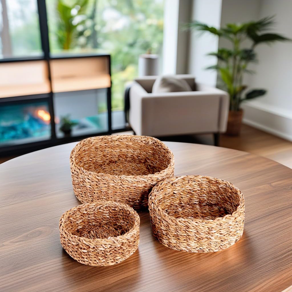 3'lü Rustik El Yapımı Doğal Yuvarlak Hasır Düzenleyici Seti | 3'lü Hasır Yuvarlak Organizer Seti – Dekoratif, Çok Amaçlı ve Dayanıklı Rattan Sepetler (30x30x12cm – 25x25x10cm – 20x20x8cm)