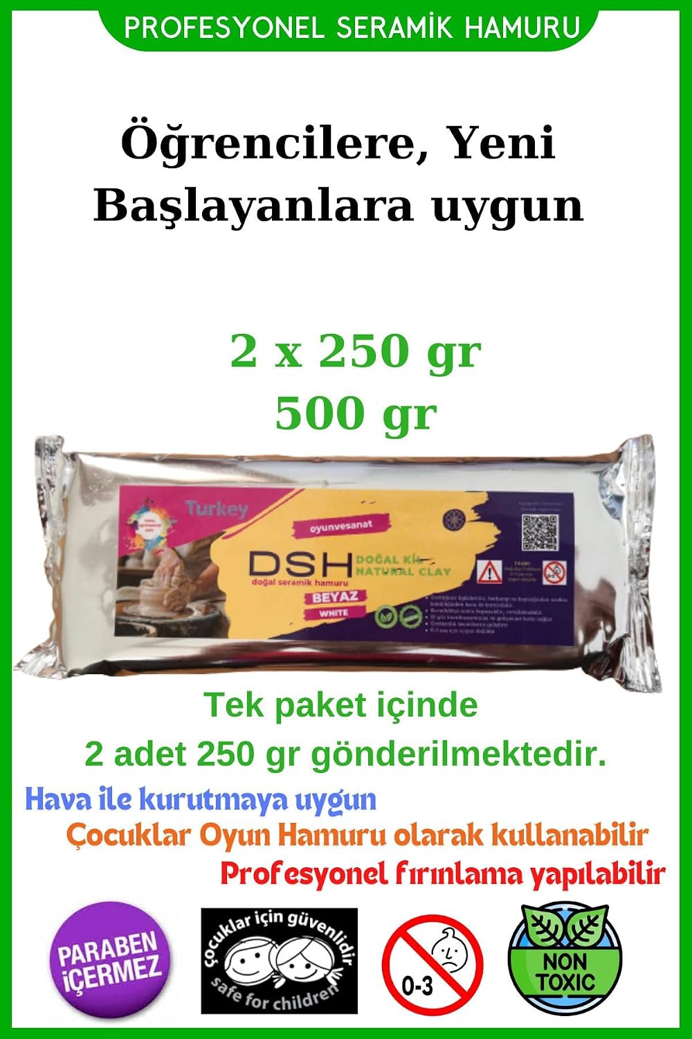 Doğal Seramik Hamuru 2x 250 gr (500 GR) Kil Çamuru, Okul Için Doğal Oyun Hamuru