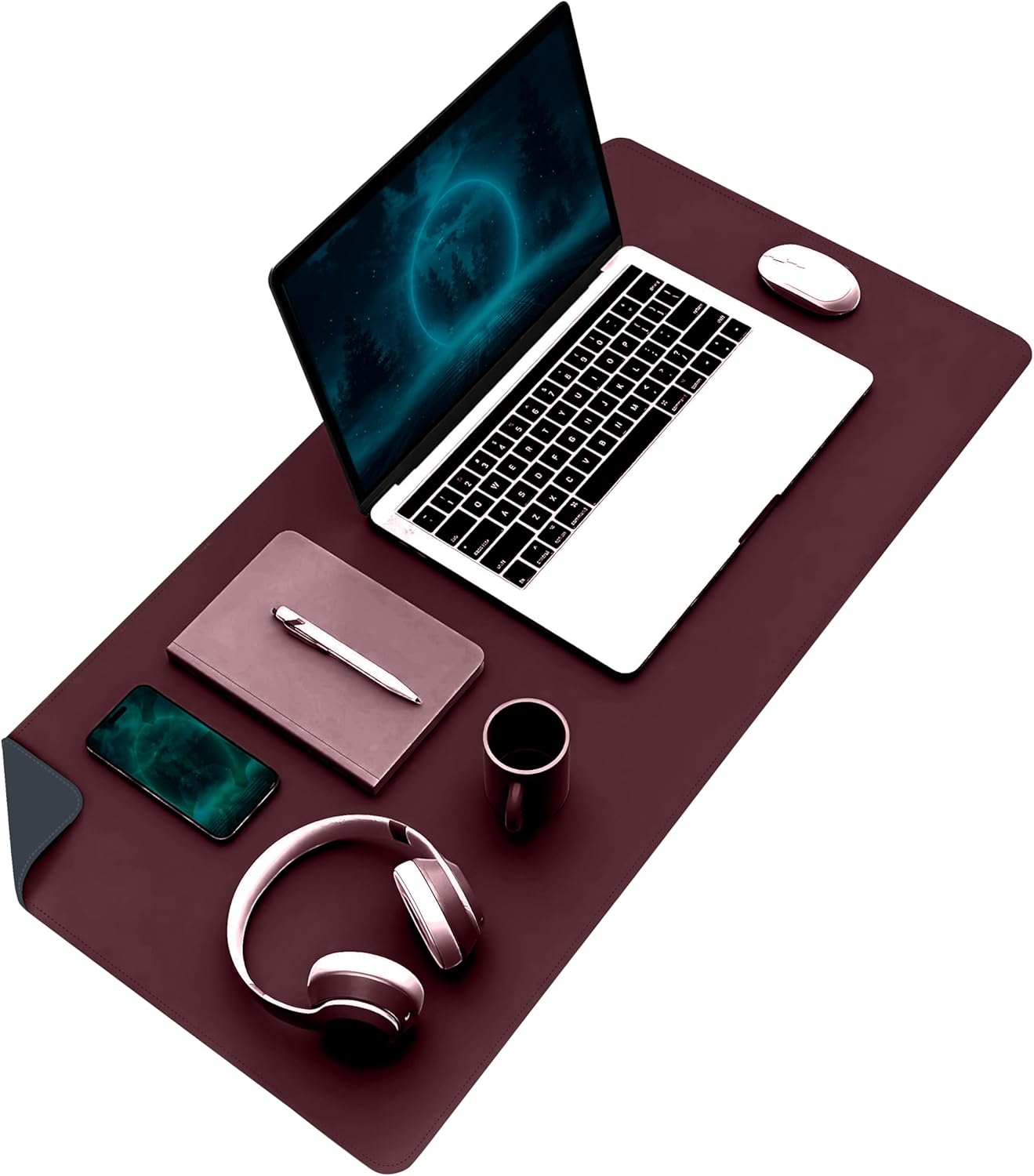 Çift Renk Dikişli PU Deri Masa Matı 80x40 Cm Mousepad, Su Geçirmez Masa Sümeni, Çift Taraflı Kullanım, Dizüstü Bilgisayar/Ofis/Ev için, Kaymaz Taban (Bordo Ve İndigo Mavisi)