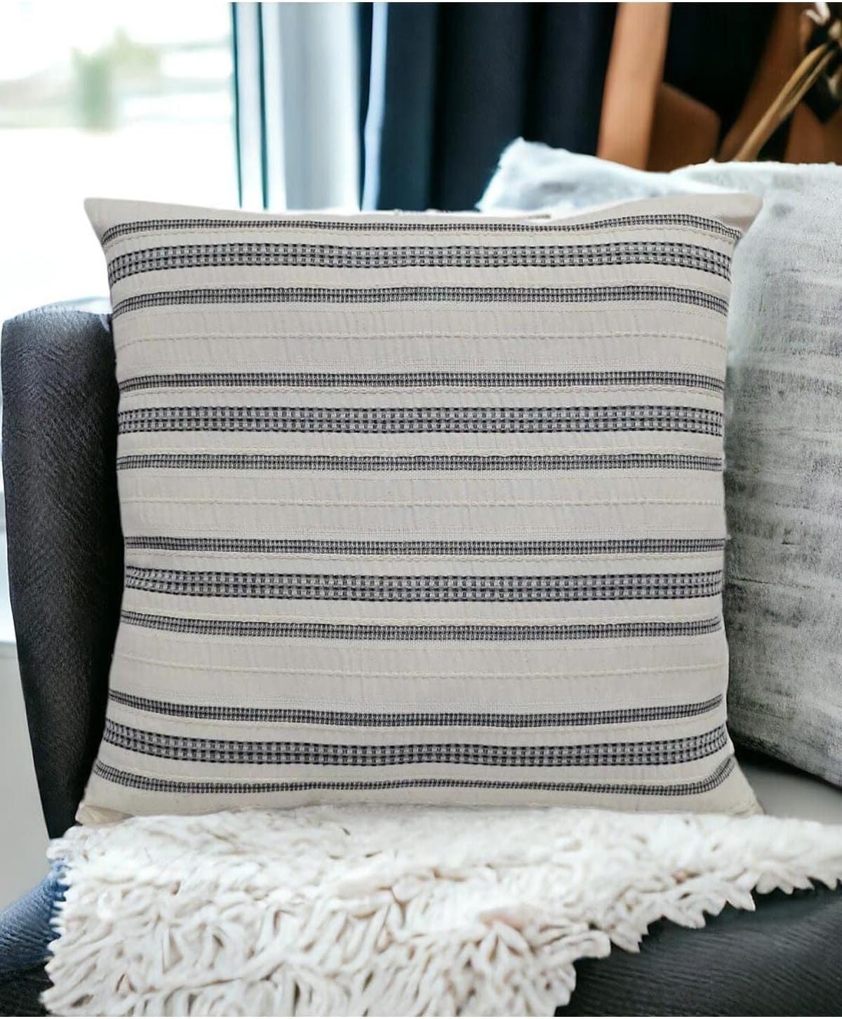 Buldan Dokuma Bohem Tasarım%100 Pamuklu 45X45Cm Kırlent Kılıfı Krem Bej-Siyah