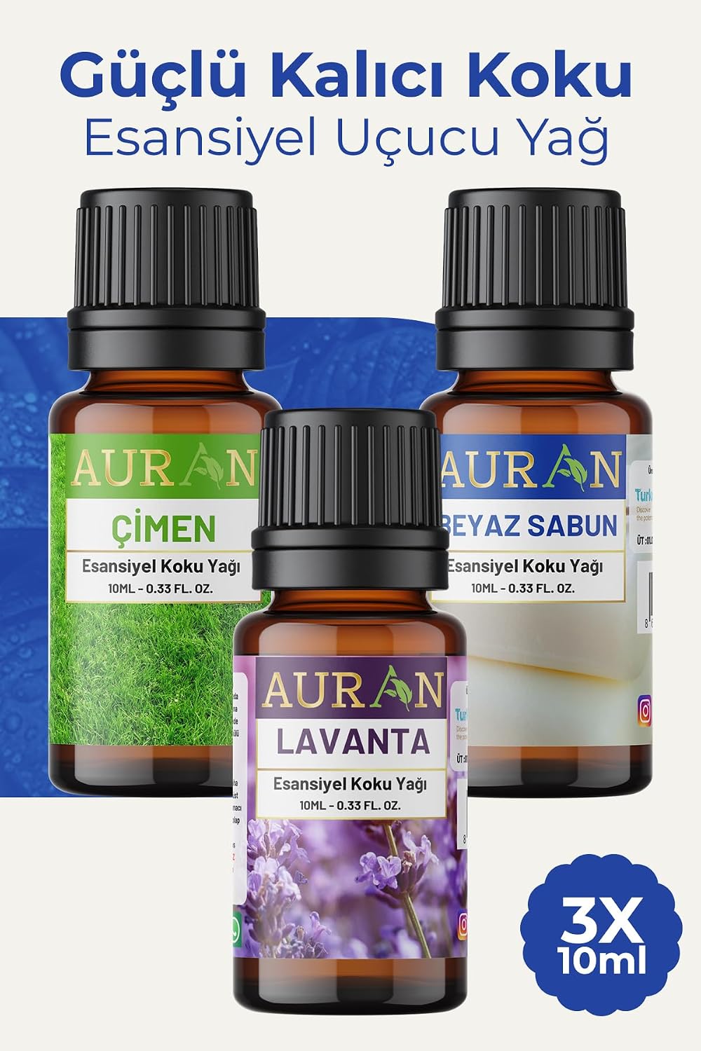 AURAN Çimen, Beyaz Sabun, Lavanta Saf Esansiyel Uçucu Yağ Buhurdanlık Yağ Difüzör Esans Aroma 3x 10ml