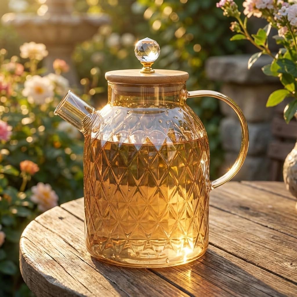 Alternative view of Lusterli Borosilikat Cam Sürahi - Isıya ve Ateşe Dayanıklı, Bambu Kapaklı ve  Kulplu Şık Sürahi (1.6 Litre)