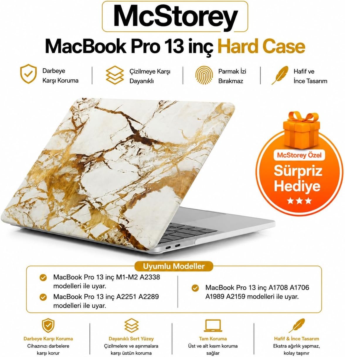 MacBook Pro 13 Mermer Desenli Kılıf A1706 A1708 A1989 A2159 A2251 A2289 A2338 M1 M2 Uyumlu Baskılı Sert Kılıf İnce Hafif TPU Koruyucu Kapak Sarı - Görsel 2