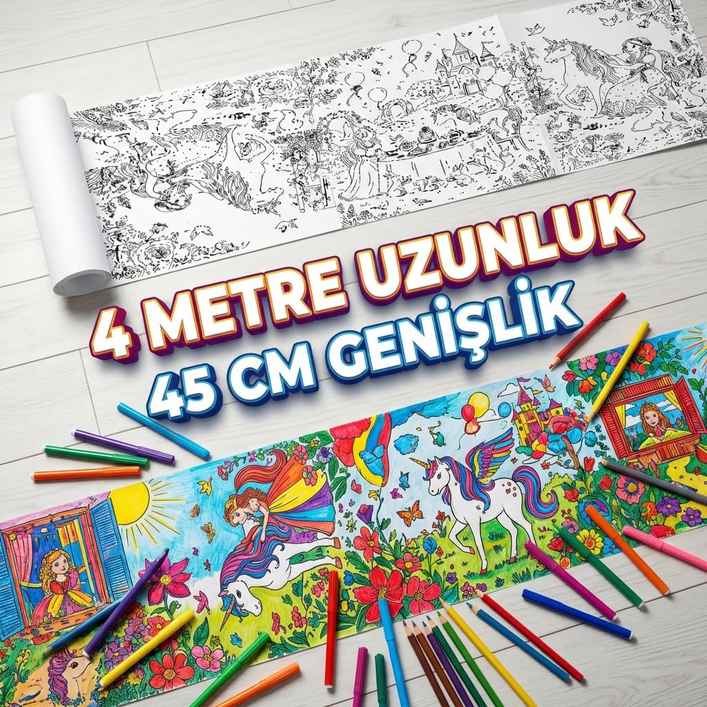 Boyama Kağıdı Rulo 4 Metre Dev Boy Unicorn ve Prenses 45 Cm