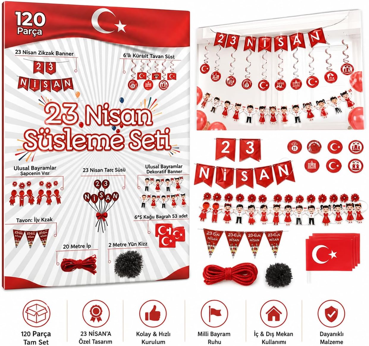 23 Nisan Süsleme Seti, 120 Parça, Zikzak Banner, Flama, Sarkıt Tavan Süsü, Kapı ve Pencere Süsü, Okul Sınıf Dekorasyon Paketi