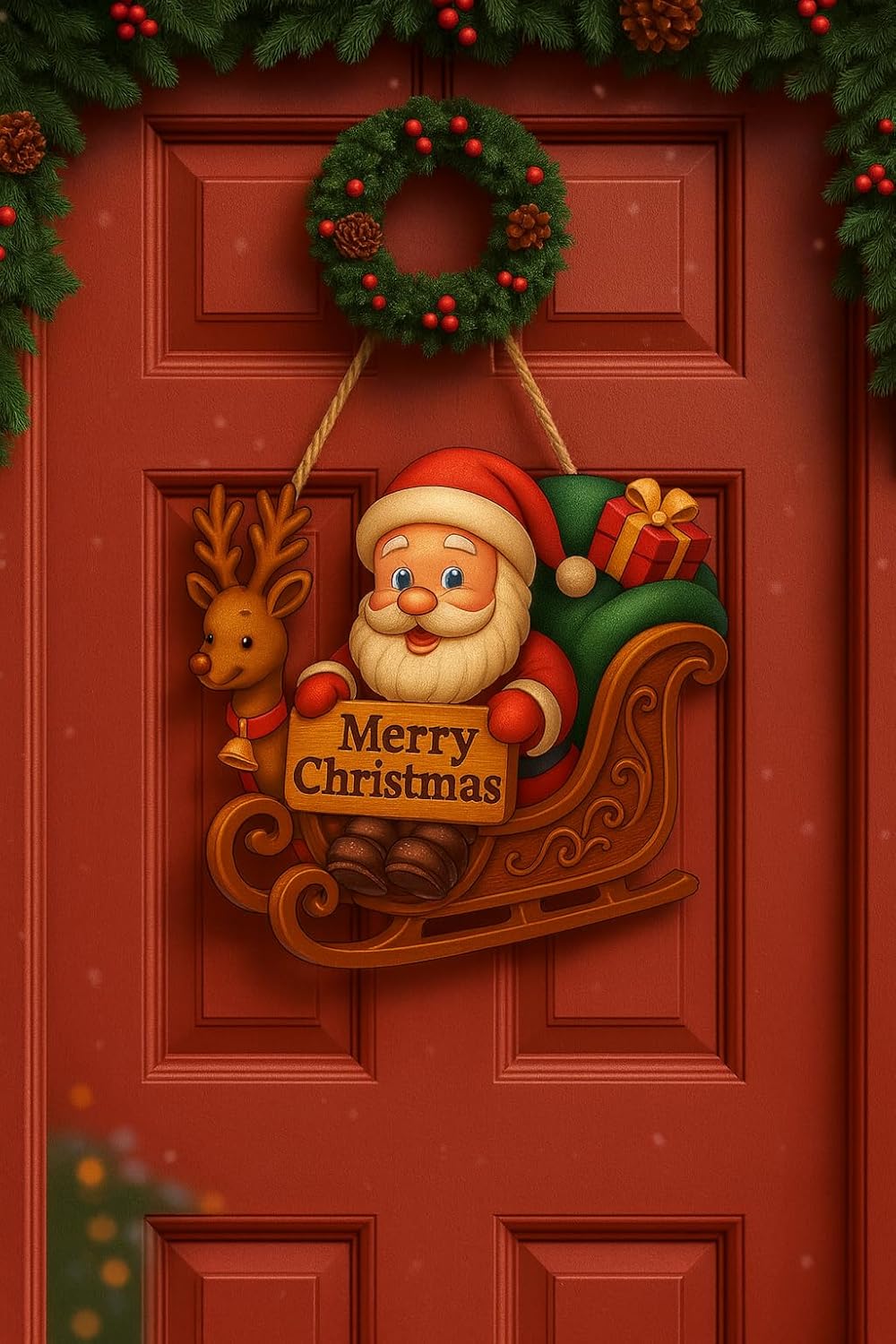 Noel Babalı Kızaklı Hediye Paketli Yılbaşı Geyikli Kapı Süsü Ahşap Noel Kapı Süsü Yılbaşı Mazemeleri Temalı Hediyeler (25-30 cm) - Görsel 2