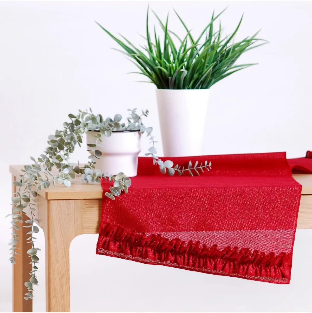 Alternative view of Simli Keten Runner Kırmızı Fırfırlı 45x150