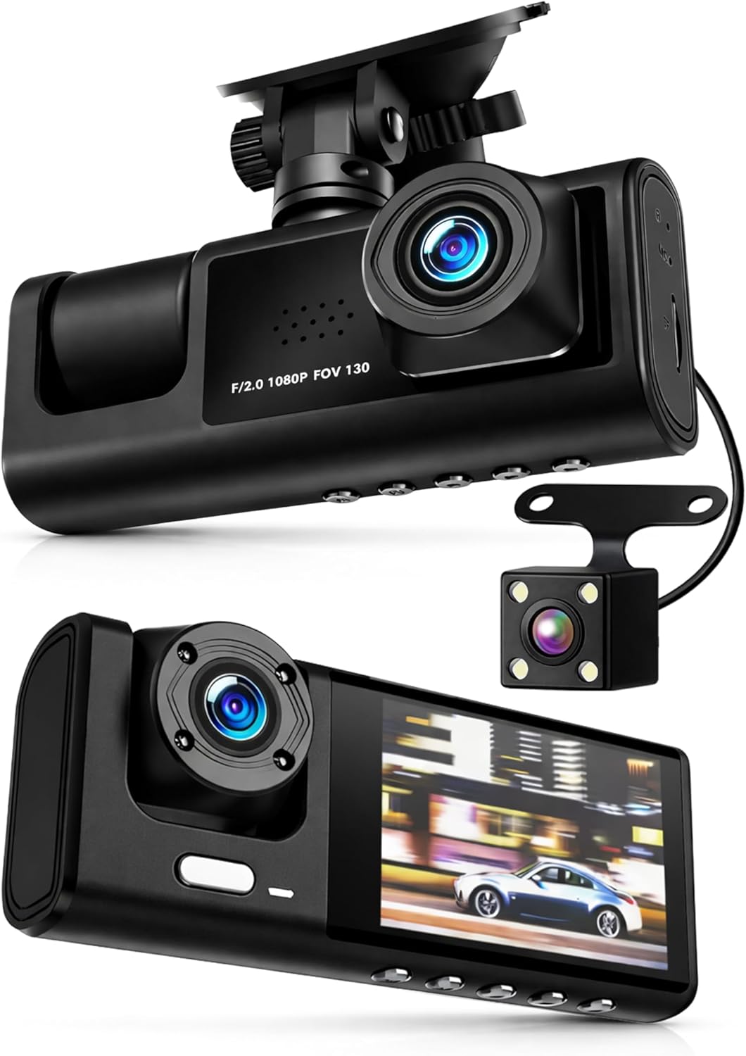 3 Kameralı LCD Ekran Araç Kamerası FullHD Geniş Açı Ön + Arka + Araç İçi Kamera Hareket Sensörü C309