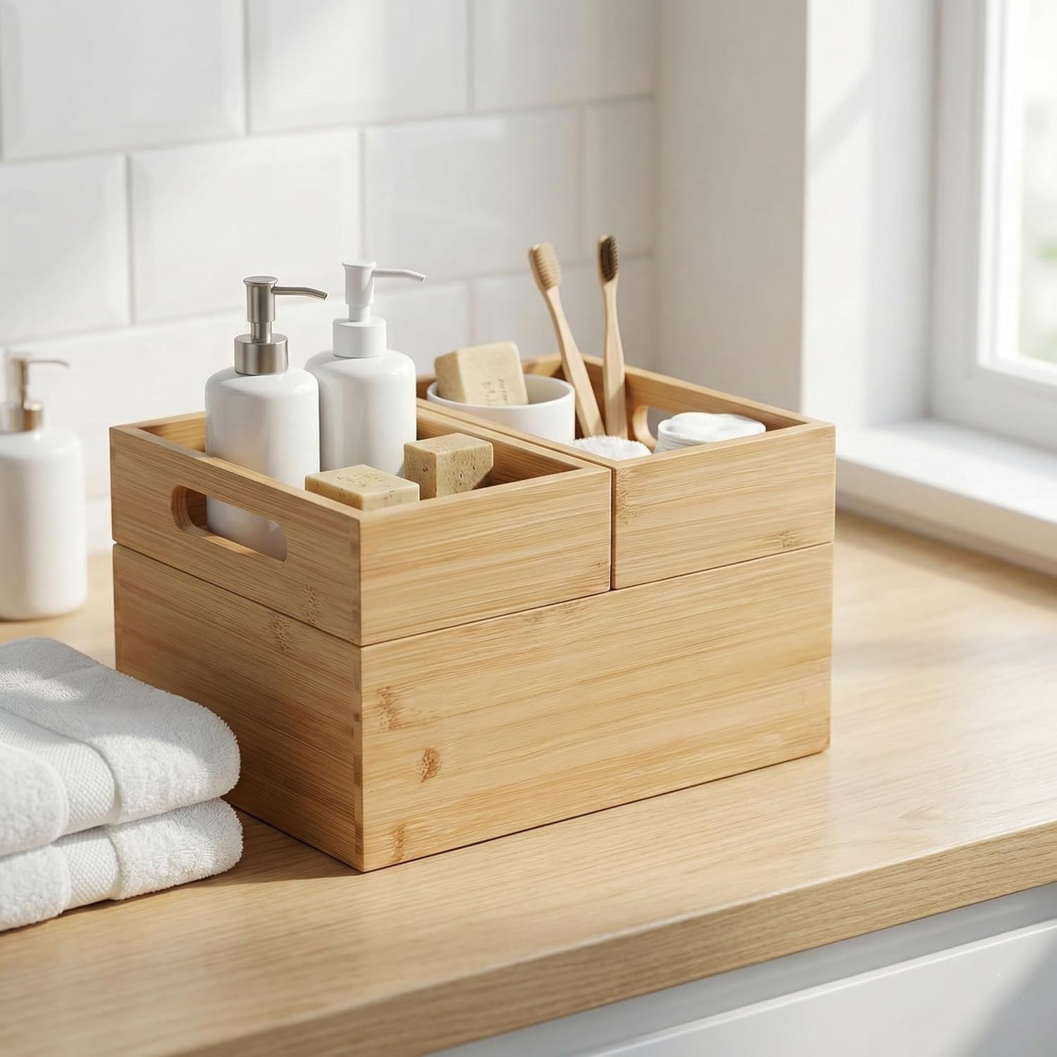 Alternative view of 3'lü Modüler Bambu Organizer Set - Üst Üste Geçebilen Çok Amaçlı Çekmece İçi ve Masaüstü Düzenleyici Kutu - Banyo, Mutfak ve Ofis İçin Ahşap Saklama Seti