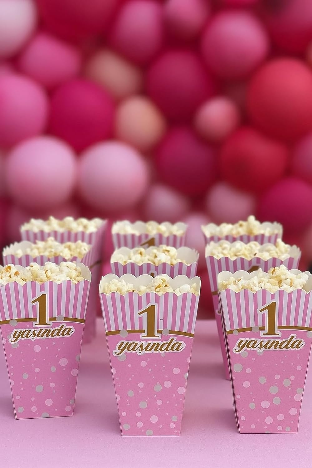 1 Yaş Doğum Günü Pembe Popcorn Kutusu, 8 Adet, Çizgili ve Puantiyeli Tasarım, Parti Süslemesi