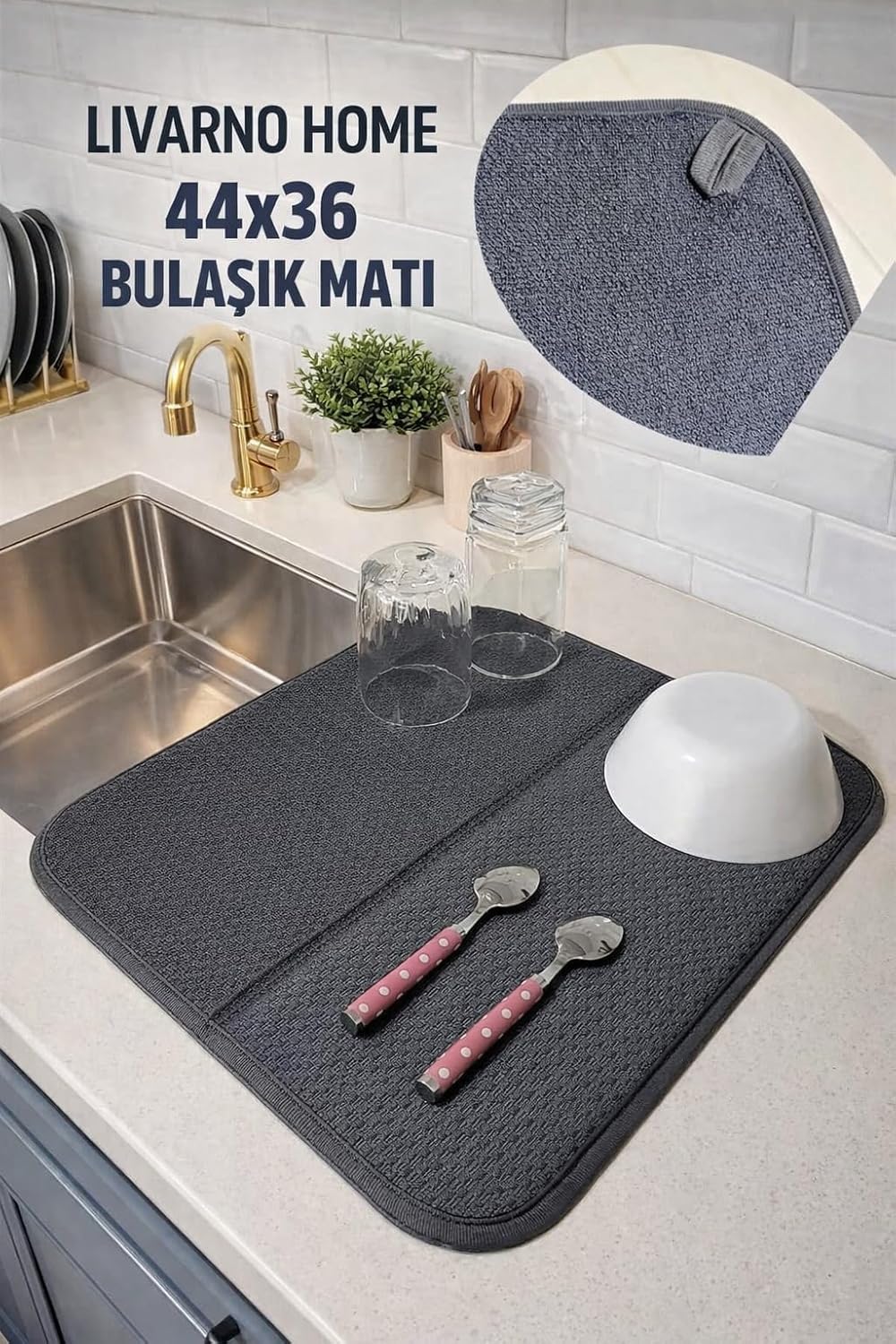 Alternative view of AKSU Livarno Mikrofiber Bulaşık Altlığı Kurutma Matı Katlanabilir Çift Yüzey Germany 44X36 Cm. Gri