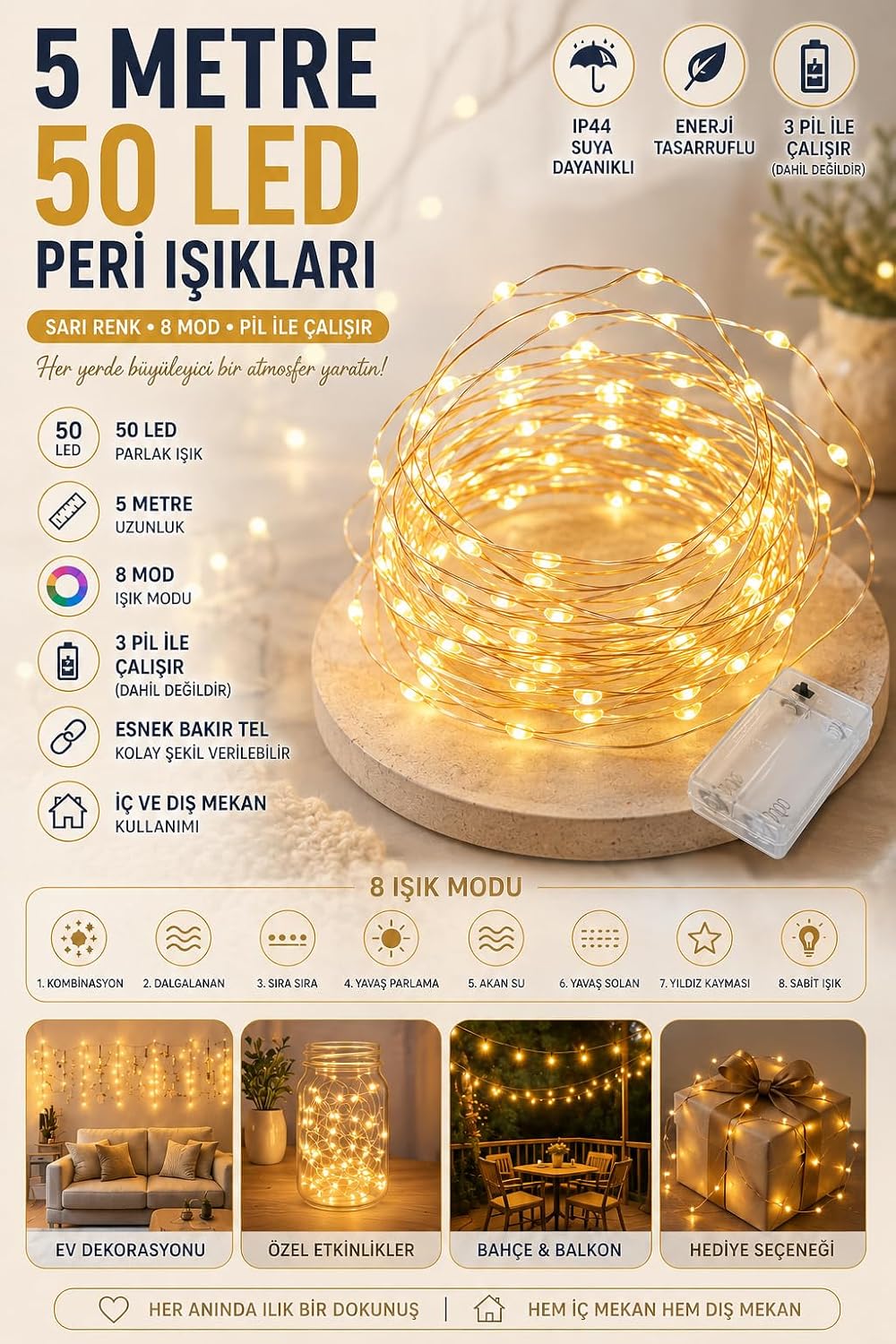 Alternative view of 5 Metre Gün Işığı Peri Led Tel 3 Pilli Fonksiyonlu Süsleme İnce Telli Aydınlatmalı Şerit Led Yılbaşı Işık Yılbaşı Süsü