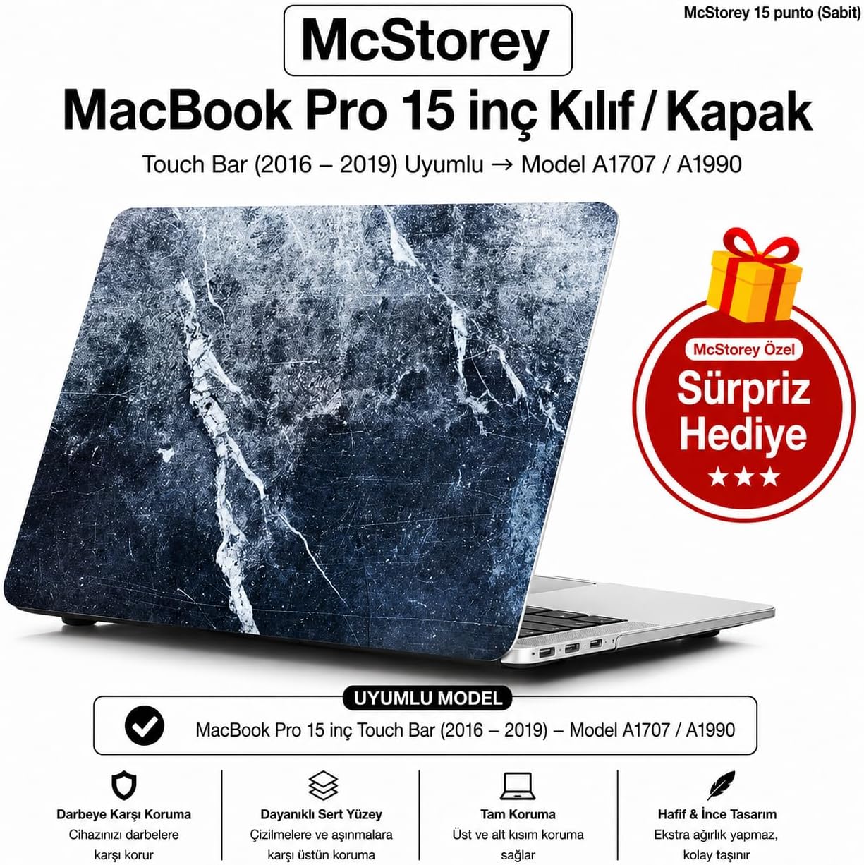 MacBook Pro 15 Mermer Desenli Kılıf A1707 A1990 Uyumlu Baskılı Sert Kılıf İnce Hafif Koruyucu Kapak Mavi - Görsel 3