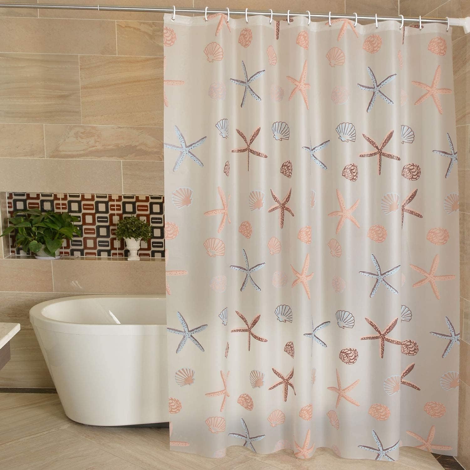 Xspring Duş Perdesi, PEVA Plastik Duş Perdesi, Metal Halkalı, Su Geçirmez Ağır Hizmet Tipi Duşs Perdesis Astarı, Banyo Dekorasyonu İçin (180x200cm) (Deniz Yıldızı)
