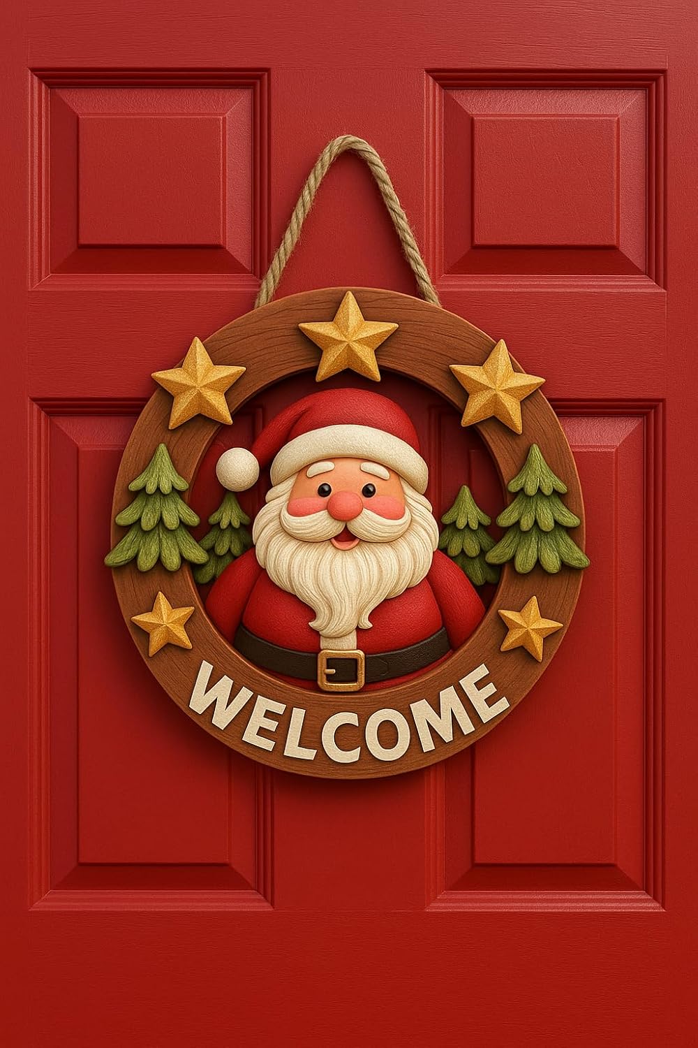Yuvarlak Yıldızlı Noel Babalı Yılbaşı Ahşap Kapı Yılbaşı Süsü Yılbaşı Temalı Hediyeler (23-23 cm)