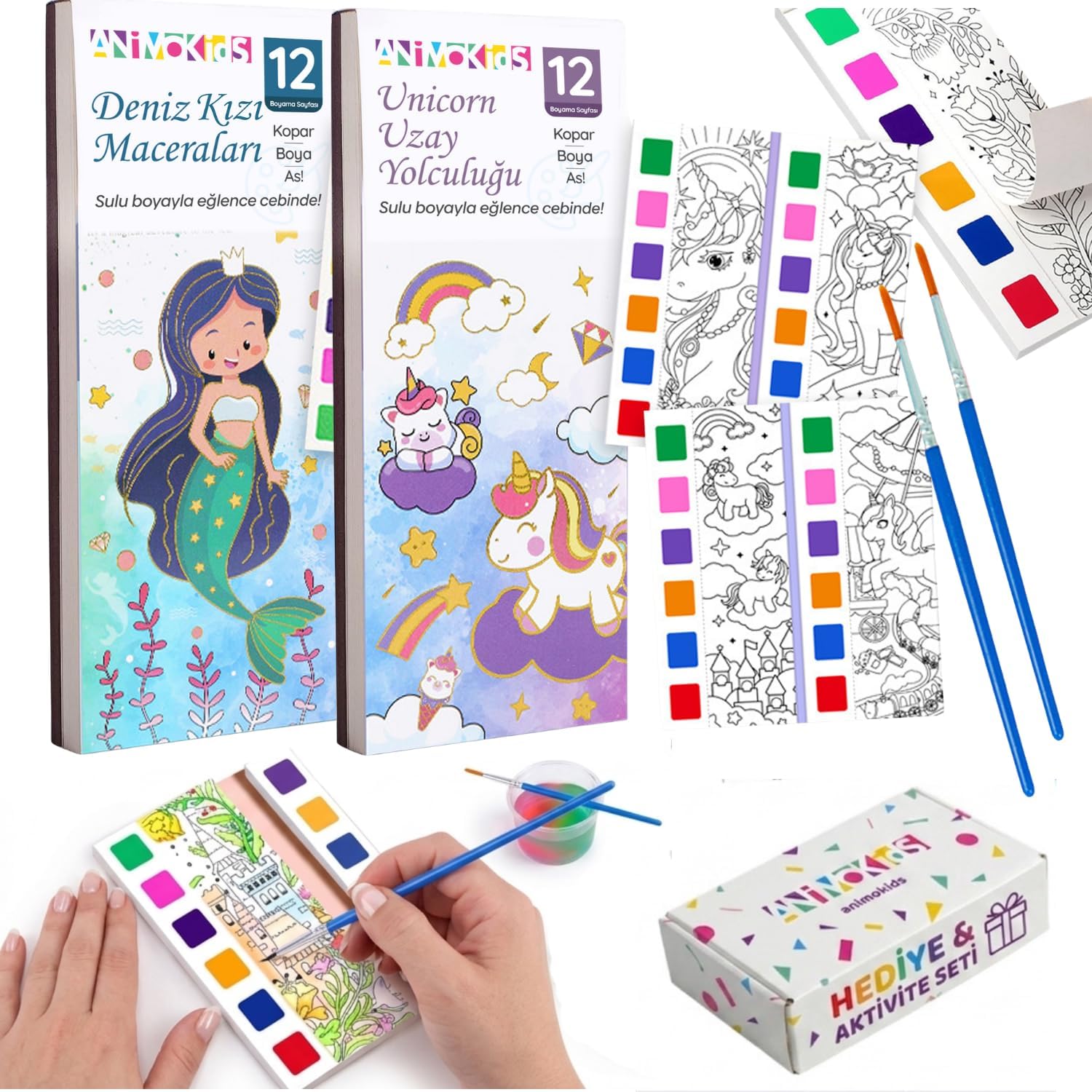 Alternative view of Animokids Sulu Boya Defteri Seti (2 Kitap + 2 Fırça) - Kendin Yap Kitap Ayracı, Her Sayfada Entegre Boya Paleti - Çocuklar ve Yetişkinler İçin Hediye Aktivite Seti (Deniz Kızı-Unicorn)