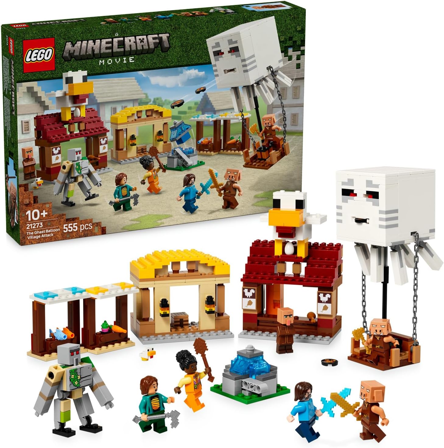 Hortlak Balon Köy Saldırısı 21273-10 Yaş ve Üzeri Çocuklar için Steve, Dawn, Piglin ve Duruşu Ayarlanabilir Demir Golem Minifigürleri İçeren Yaratıcı Oyuncak Yapım Seti (555 Parça)