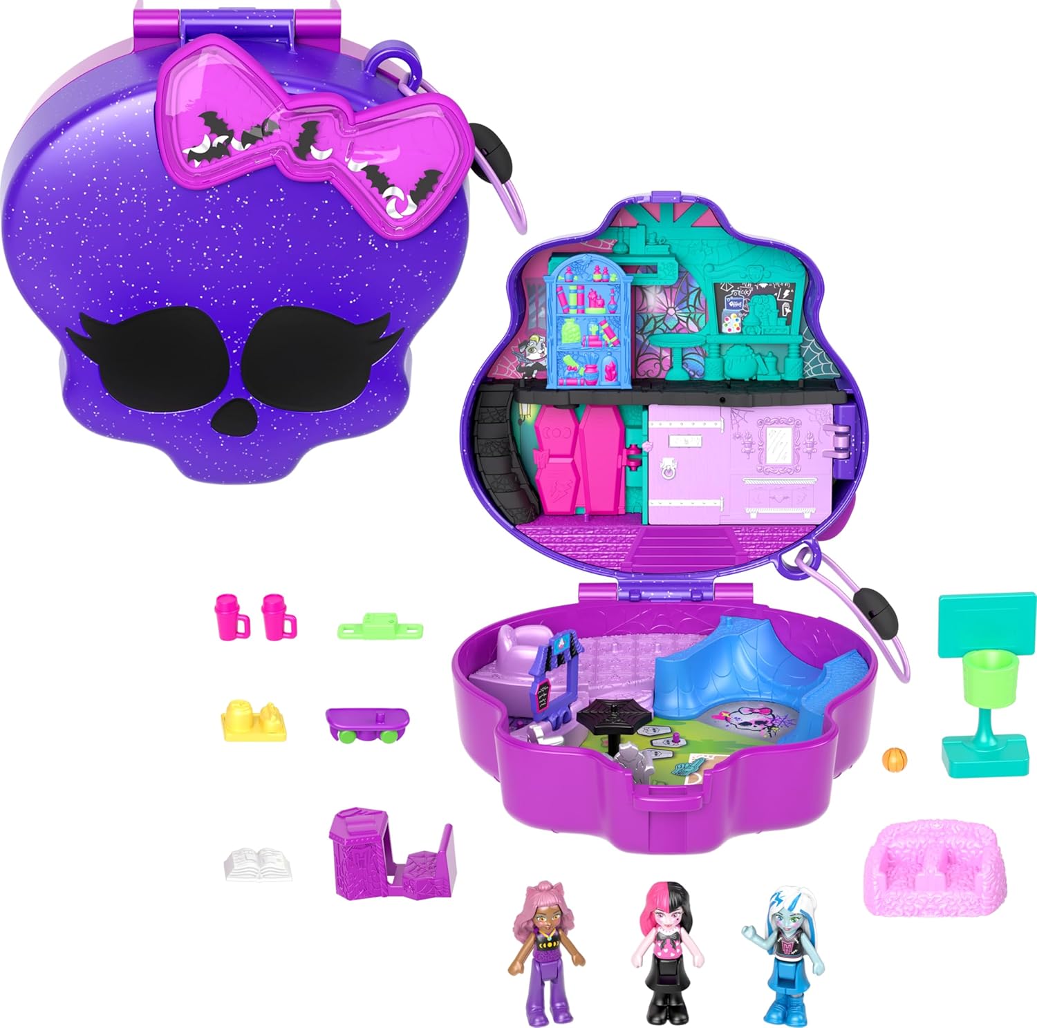 High Temalı Kompakt Oyun Seti 3 mikro bebek ve 10 aksesuar bulunan, açıldığında liseye dönüşen Polly Pocket High Kompakt Oyun Seti HVV58 - Görsel 3