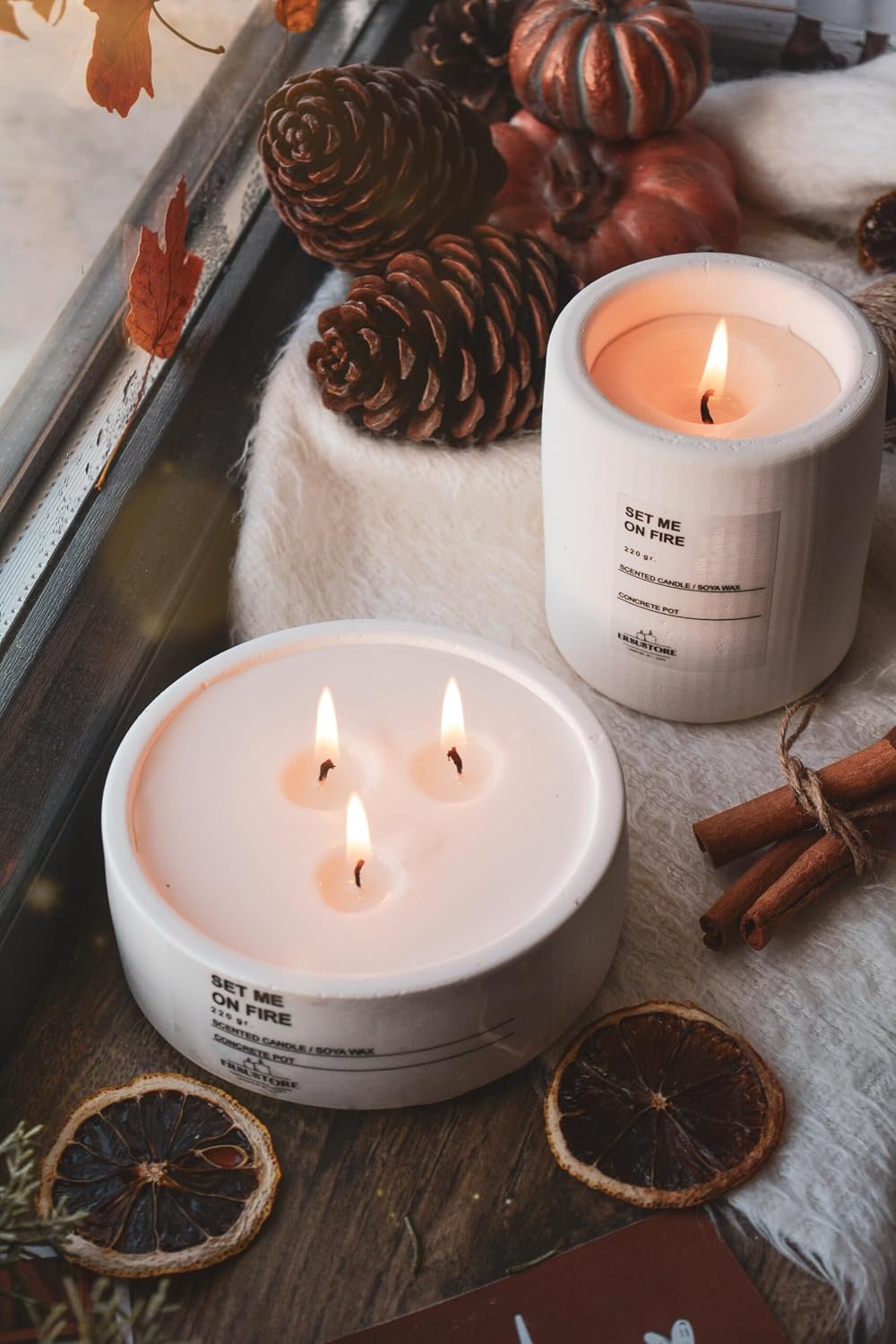 2'li Beton Saksı Içinde Lavanta Kokulu Soya Wax Mum Seti Dekoratif Hediyelik (Beyaz)