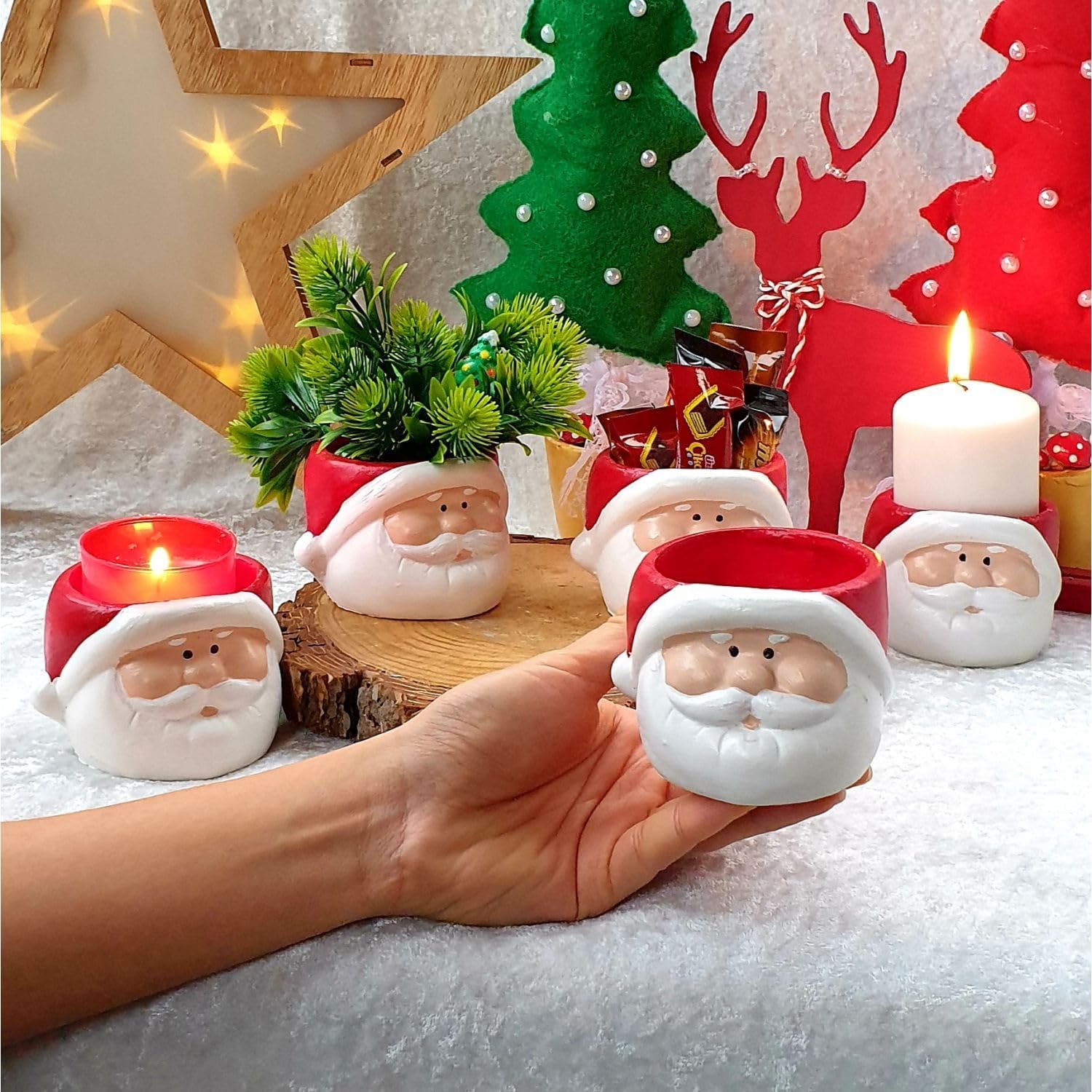 Dafniart Yılbaşı Yeniyıl Noel Baba Mumluk Dekor Hediyeli Ürün 8 cm Kırmızı 2 li Beton Alaşımlı - Görsel 3