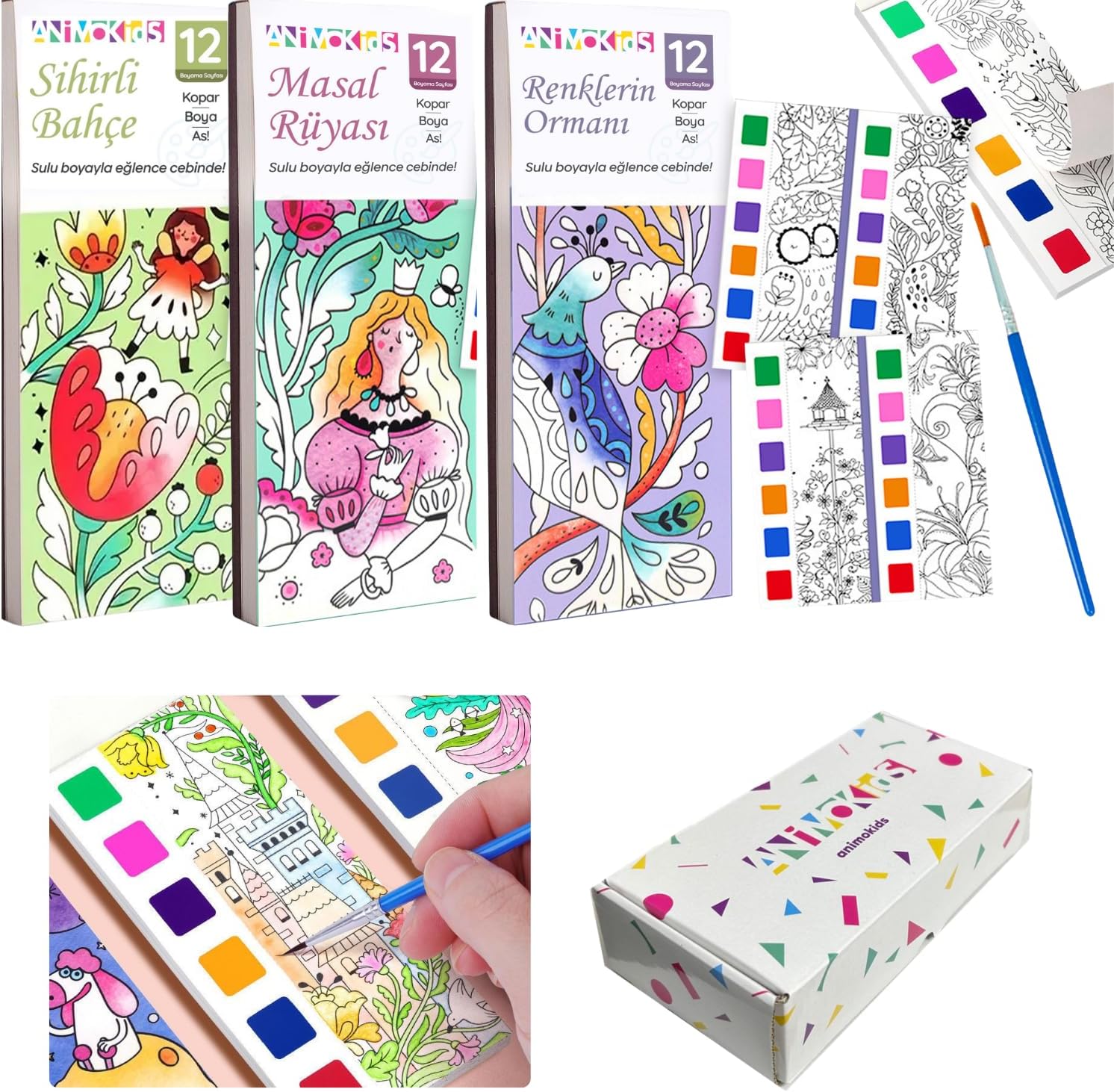 Renk Paletli Sulu Boya Etkinlik Seti, Kendin Yap (DIY) Kitap Ayracı, Çocuklar ve Yetişkinler için 3 Adet Yeni Nesil Sulu Boya Defteri ve 3 Adet Sulu Boya Fırçası Dahil(Sihirli Bahçe-Masal-Renk Ormanı)