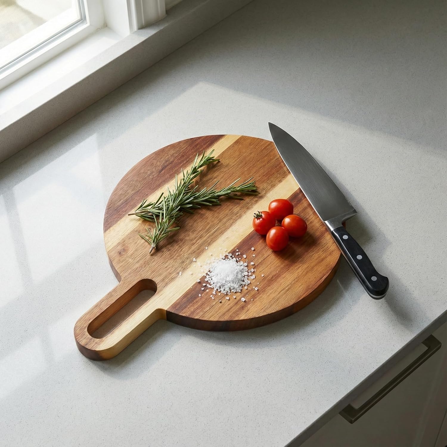 Alternative view of Doğal Akasya Ahşap Yuvarlak Kesme Tahtası ve Sunum Tepsisi – 21 cm Saplı Pratik Doğrama Panosu, Peynir Tabağı ve Pizza Servis Tahtası