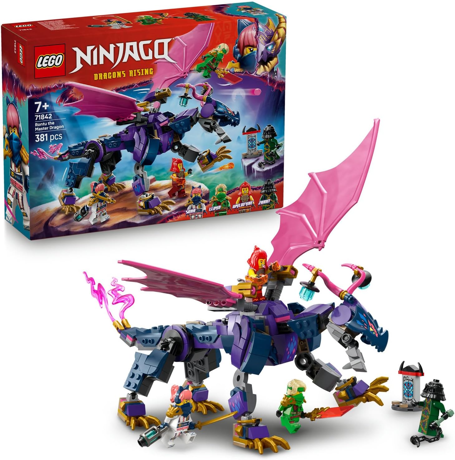 Usta Ejderha Rontu 71842-7 Yaş ve Üzeri Kız ve Erkek Çocuklar için Mermi Atıcısı Olan Oyuncak Ejderha ve 4 Minifigür İçeren Yaratıcı Oyuncak Yapım Seti, Doğum Günü Hediyesi (381 Parça)