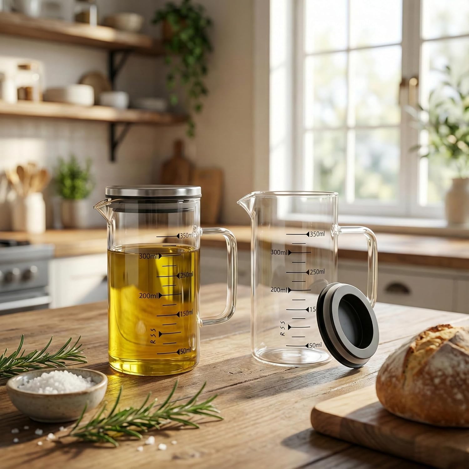 Alternative view of 2'li Set Paslanmaz Çelik Kapaklı Borosilikat Cam Yağdanlık ve Ölçü Kabı - 350ml - Isıya Dayanıklı Damlatmaz Sosluk, Sütlük ve Mutfak Hazırlık Sürahisi - Şeffaf Modern Tasarım