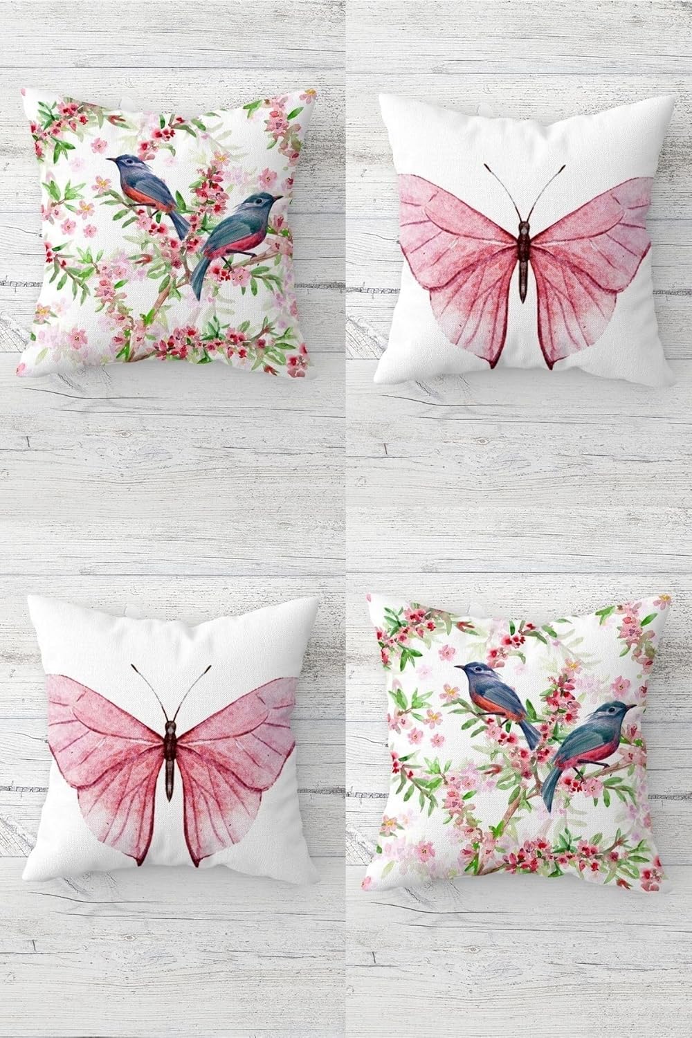 Daldaki Sinekkuşu Kelebek Vintage Gizli Fermuarlı Kırlent Kılıfı Koltuk Yastık Kılıfı Takım(4ADET), Yeşil-Mavi-Pembe 45 x 45